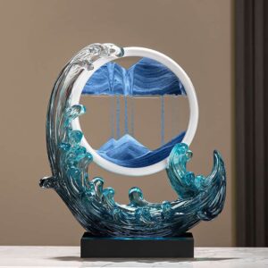 A Feng Shui Moving Sand Art Sandscape in blue color on the desk.