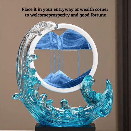 A Feng Shui Moving Sand Art Sandscape in blue color with description.