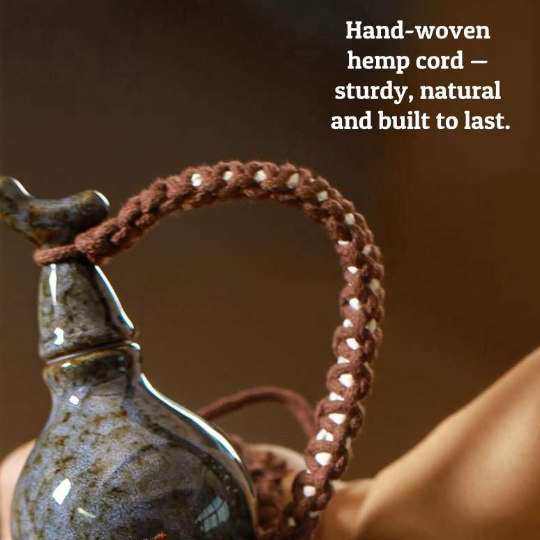 Detail of the sturdy, hand-knotted brown rope carrier and brass bell accessory on the Feng Shui ceramic gourd water bottle.