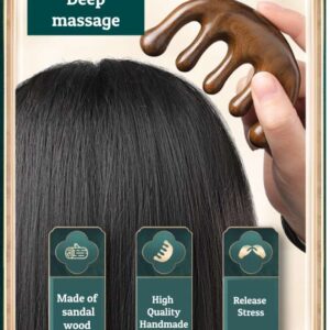 A person's hand holding the ergonomic sandalwood massage comb, showing its comfortable grip and the smooth, polished finish of the natural wood.