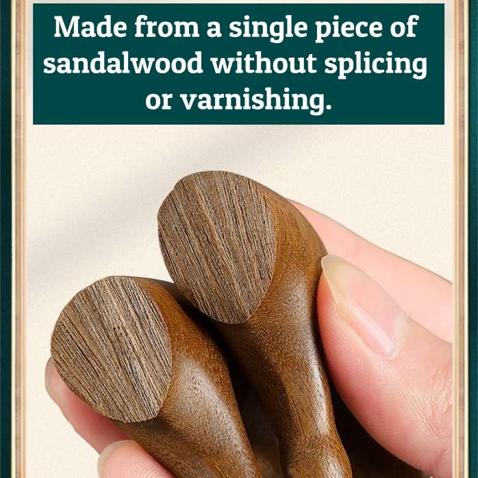 A macro shot highlighting the beautiful, unique natural wood grain and color variations of the green sandalwood comb scalp tool.