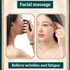 A woman with her eyes closed, mindfully performing a relaxing sandalwood comb scalp massage by gently stroking the comb through her hair.