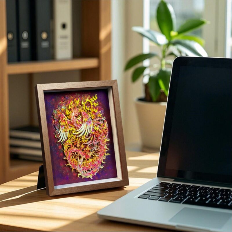 Elegant 3D Chinese Paper Cutting Fenghuang shadow box displayed on a rustic wooden stand, representing harmony and rebirth in Feng Shui decor.