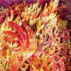 Comparison of the modern 3D Chinese Paper Cutting Vermilion Bird alongside ancient Han Dynasty roof tiles and murals depicting the same mythical creature.