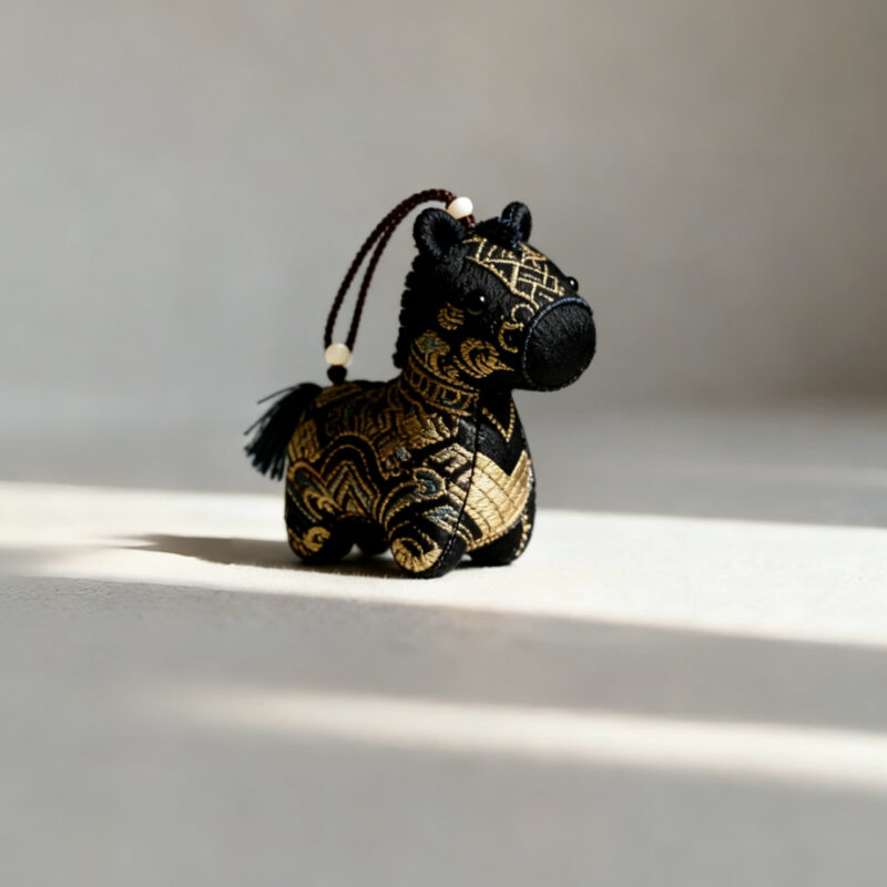 Collection of Handmade Brocade Guardian Horse Embroidery Amulet charms in pink, black, and other colors, hanging together to show the variety of Lunar New Year gifts.