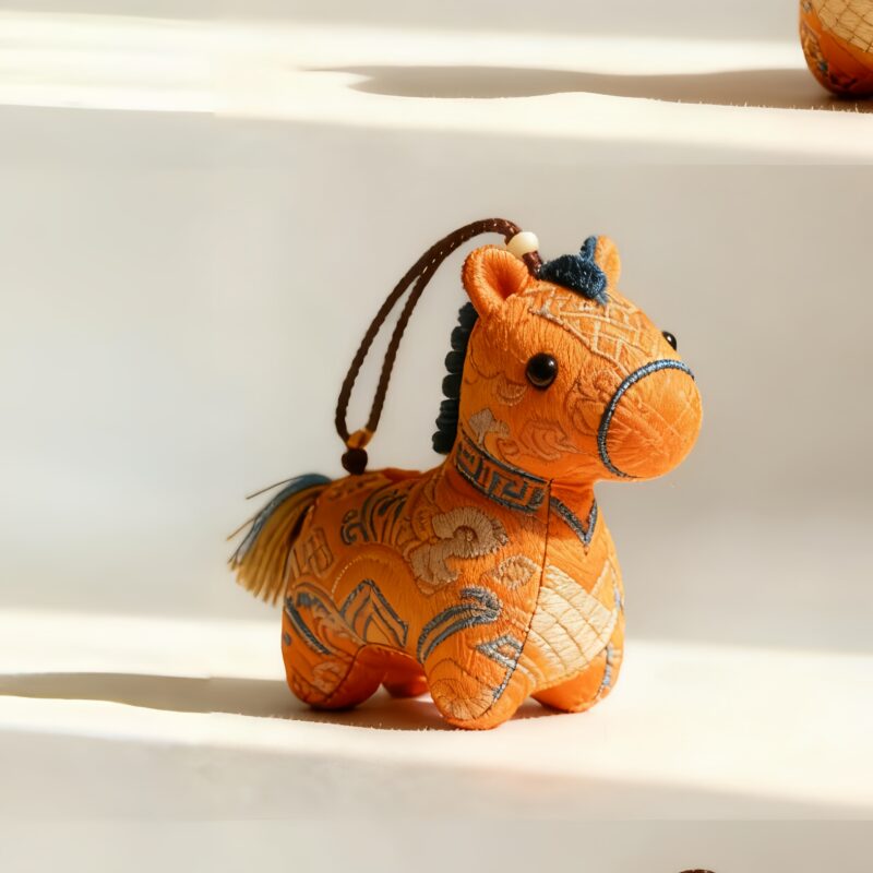 Collection of Handmade Brocade Guardian Horse Embroidery Amulet charms in pink, black, and other colors, hanging together to show the variety of Lunar New Year gifts.