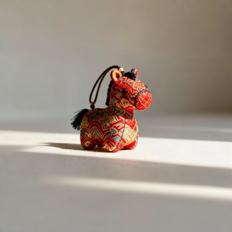 Collection of Handmade Brocade Guardian Horse Embroidery Amulet charms in pink, black, and other colors, hanging together to show the variety of Lunar New Year gifts.