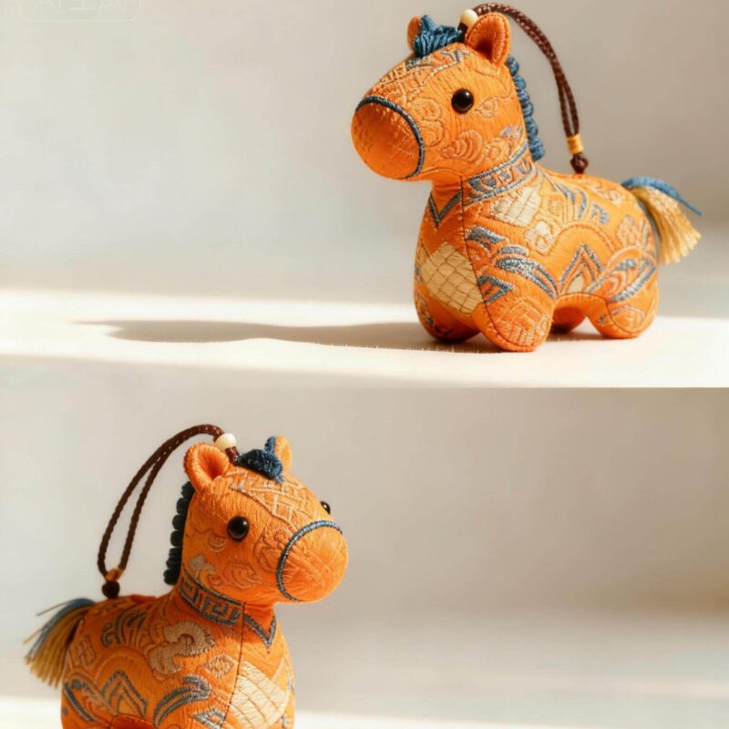 Collection of Handmade Brocade Guardian Horse Embroidery Amulet charms in pink, black, and other colors, hanging together to show the variety of Lunar New Year gifts.