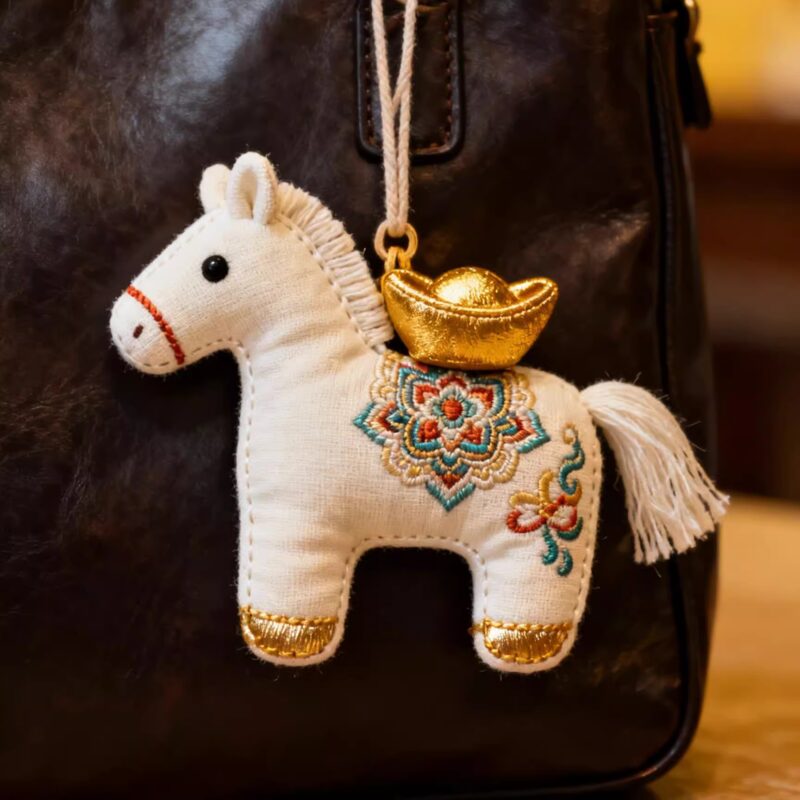 Collection of Handmade Brocade Guardian Horse Embroidery Amulet charms in pink, black, and other colors, hanging together to show the variety of Lunar New Year gifts.