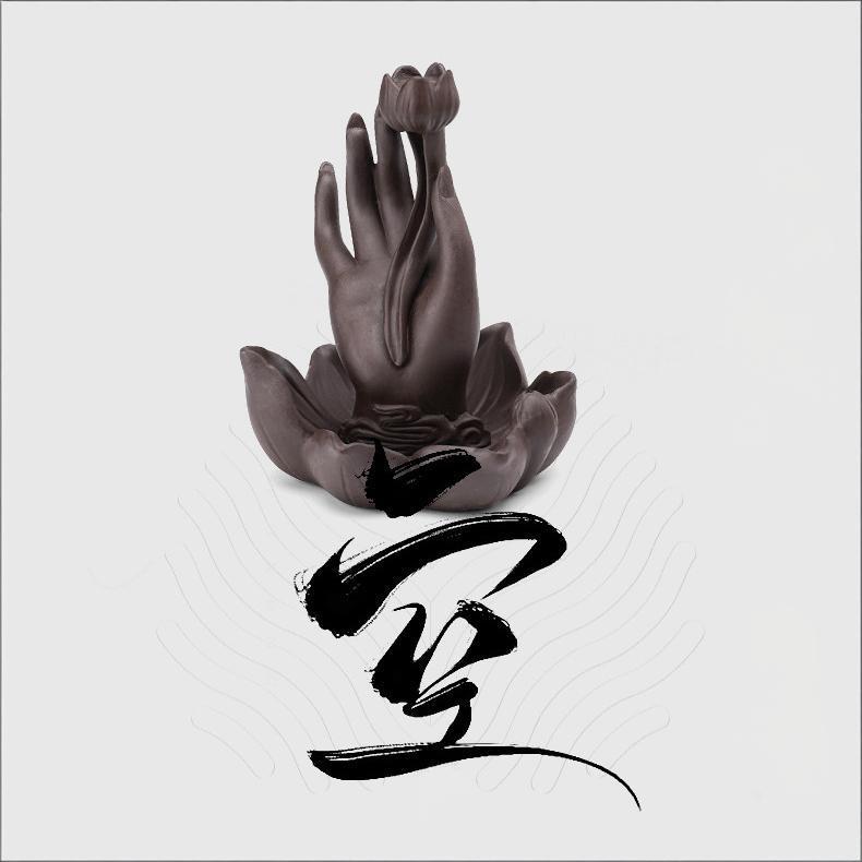 Diagram showing the dual-use design of the Buddha hand backflow incense burner, with a slot for incense sticks and a holder for cones.