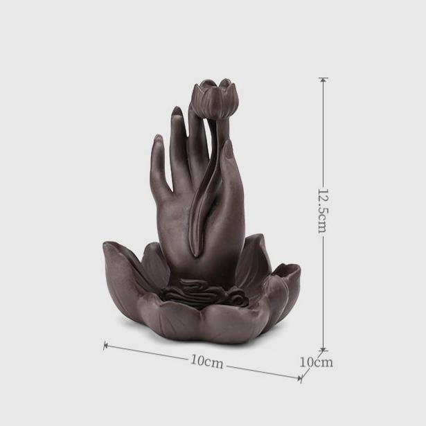 Diagram showing the dual-use design of the Buddha hand backflow incense burner, with a slot for incense sticks and a holder for cones.