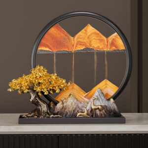 Size comparison of the Feng Shui Moving Sand Art, showing dimensions for the Small (20cm height) and Large (28cm height) Lai Cai wealth ornaments.