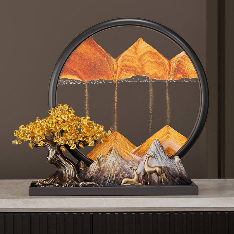 Size comparison of the Feng Shui Moving Sand Art, showing dimensions for the Small (20cm height) and Large (28cm height) Lai Cai wealth ornaments.