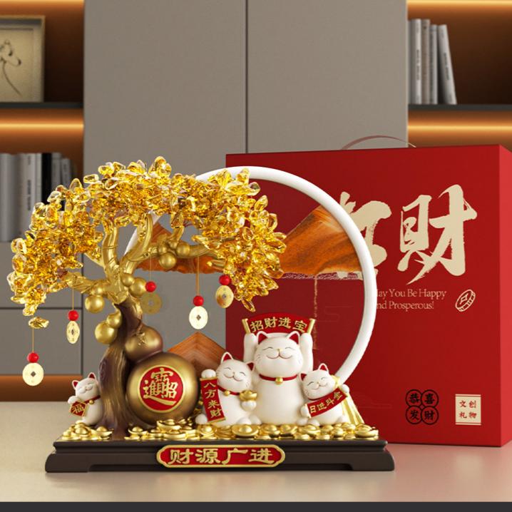 Size comparison of the Feng Shui Moving Sand Art, showing dimensions for the Small (20cm height) and Large (28cm height) Lai Cai wealth ornaments.