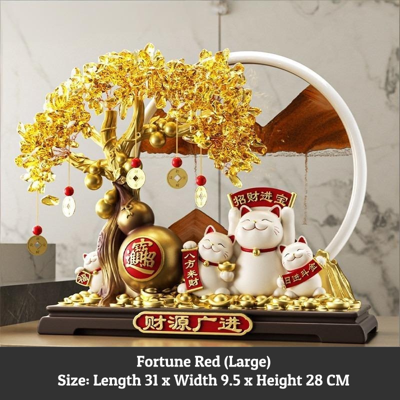 Close up detail of the Crystal Money Tree and Resin Deer figures on the base of the Feng Shui Moving Sand Art, symbolizing the arrival of wealth.