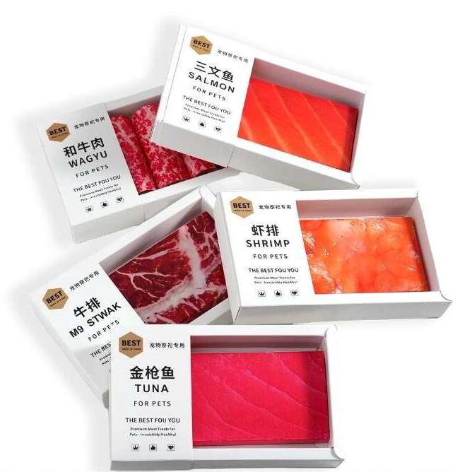 A close-up detail shot of the intricately designed Pet Memorial Sacrificial Paper food items, including paper Wagyu beef and Bluefin tuna.