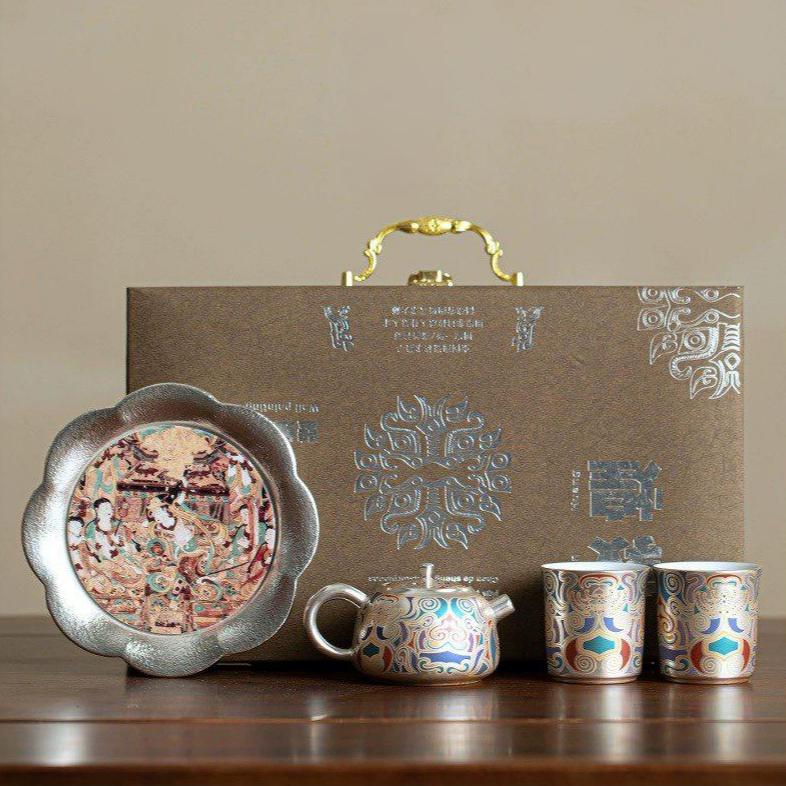 Dunhuang Frescoes Print Silver Ceramic Tea Set